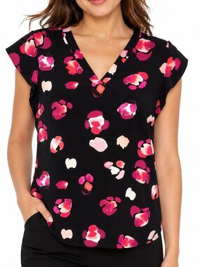 Cabi Black Pink Magenta Watercolor V-Neck Pullover Cap Sleeve Blouse